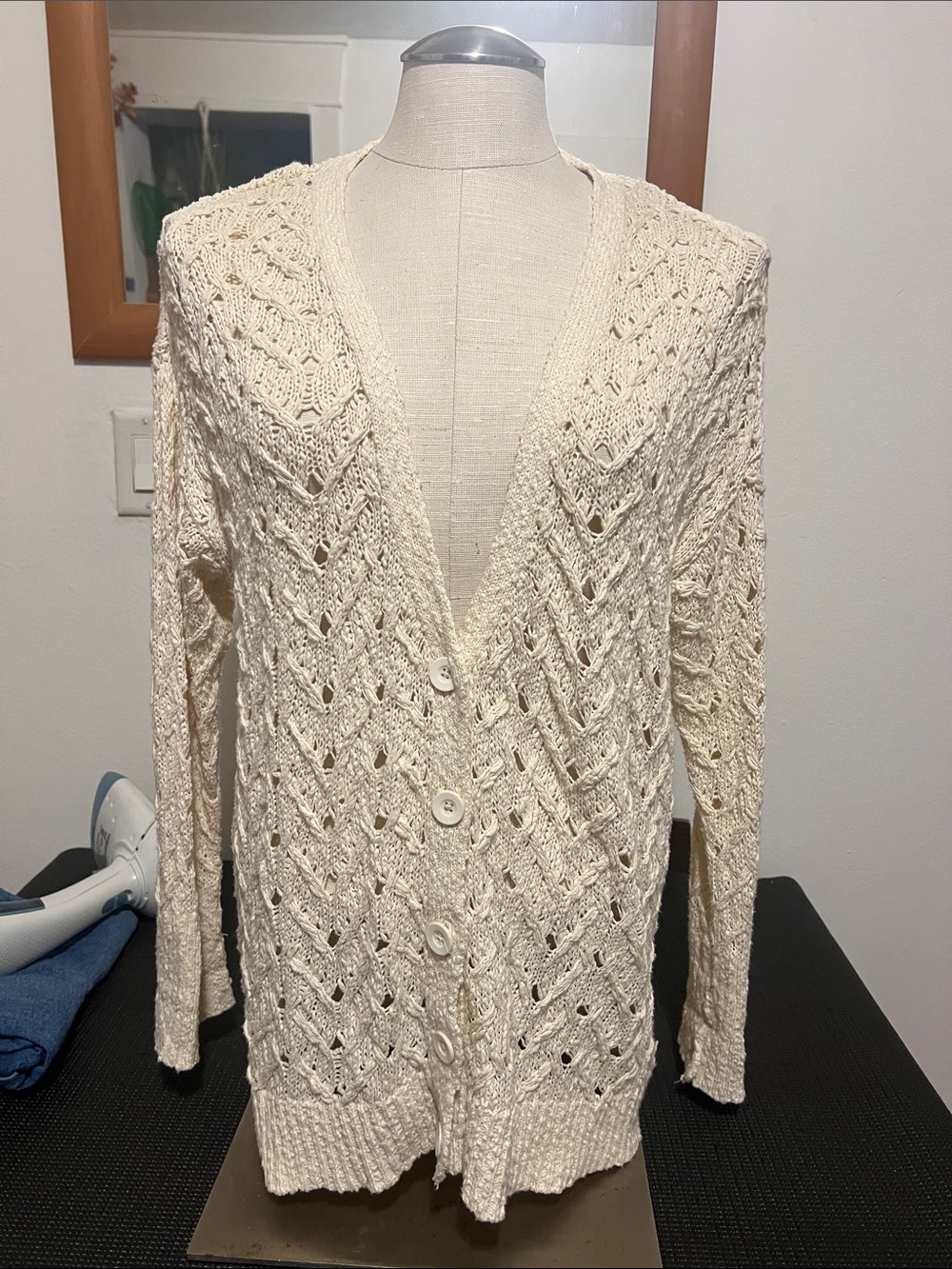 Jones NY -L - Cream Open-Knit Button Front Women's Cardigan Sweater